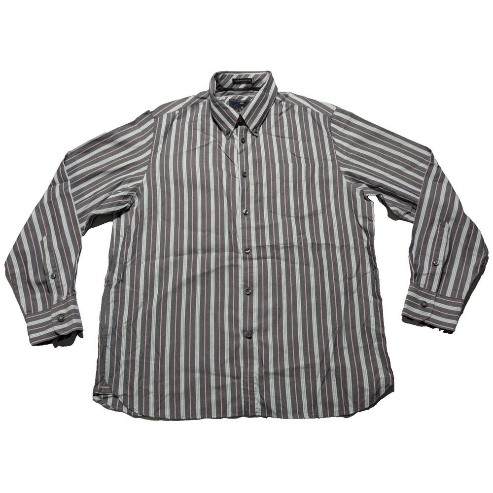 MARK & SPENCER Blue Harbour Luxury Royal Oxford Shirt Men L Gray Pink Striped‎